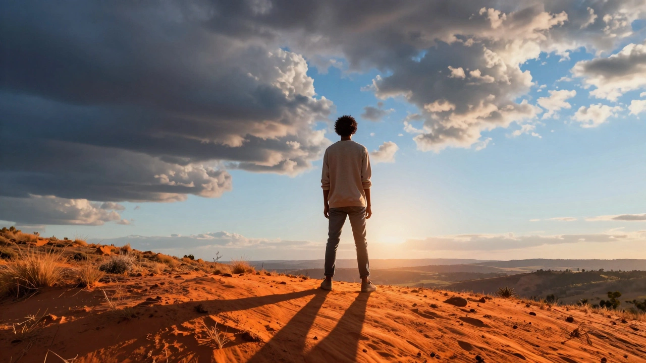 Figure standing confidently under clearing storm clouds.