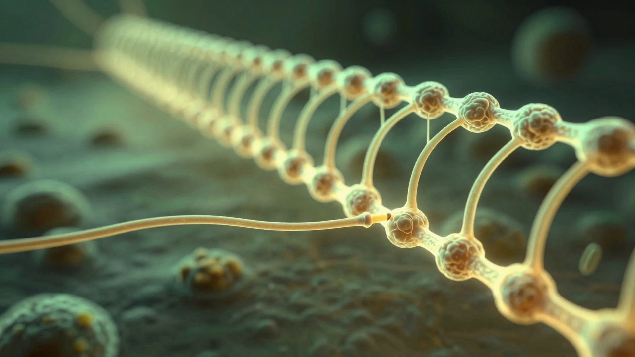 Microscopic view of glowing Schwann cells guiding nerve fiber regrowth.