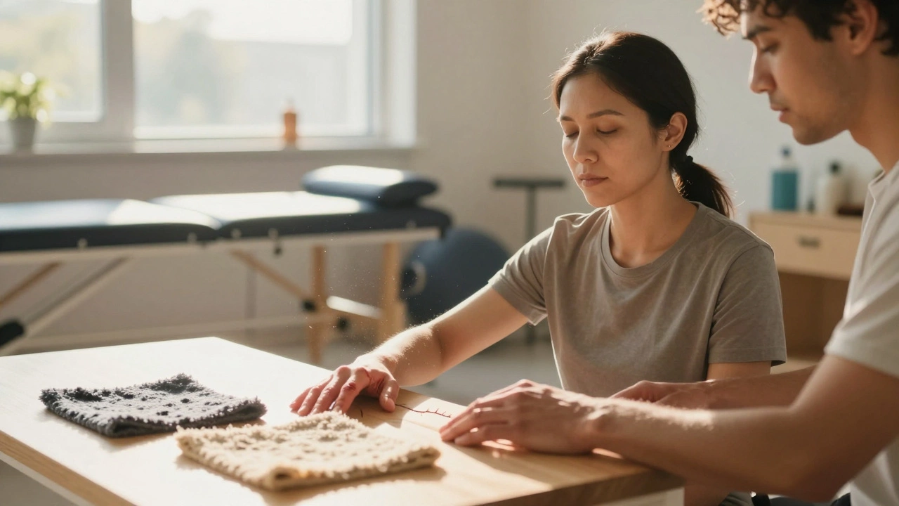Person performing sensory retraining exercise with textured fabrics in a clinic.