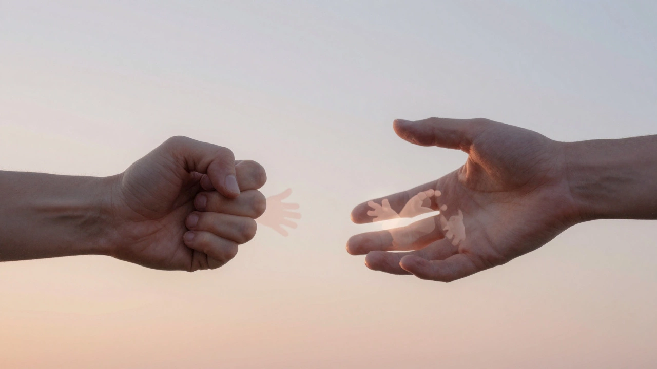 Symbolic floating hands — one clenched, one open — surrounded by faint memories of childhood and emotion.