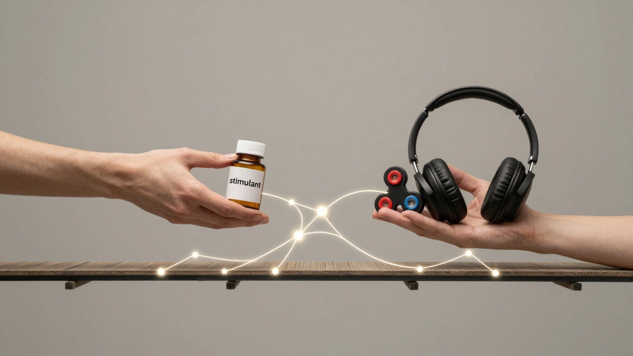 Two hands bridging ADHD and autism treatments with neural connections, symbolizing combined therapeutic support.