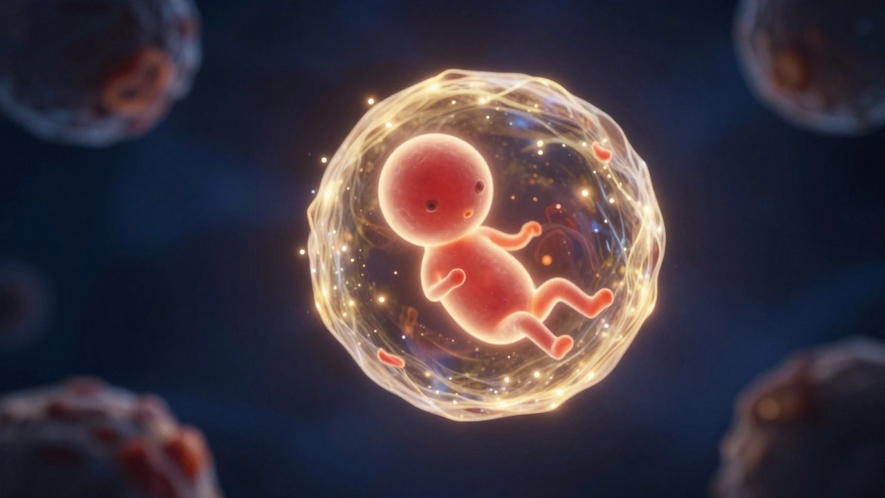 A glowing, viable human embryo floating in a dark blue ethereal space