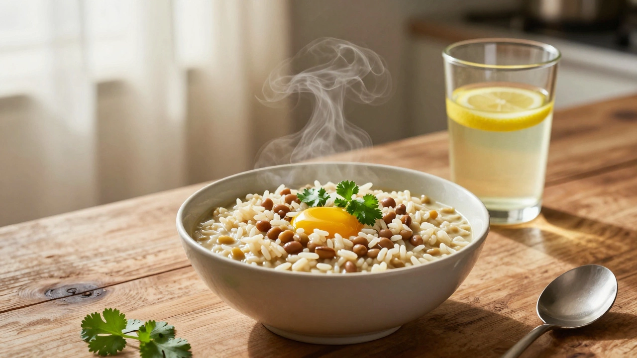 A healthy bowl of Ayurvedic Kitchari porridge and warm lemon water on a sunlit wooden table