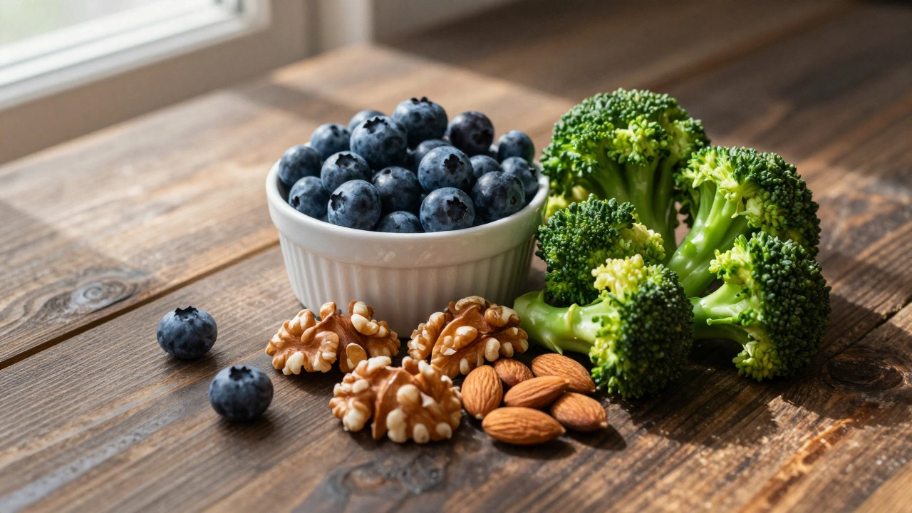 A healthy platter of blueberries, walnuts, almonds, and steamed broccoli