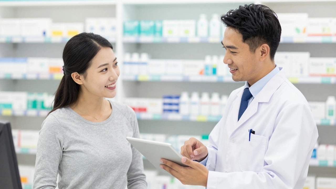 A patient and a pharmacist smiling together in a modern, bright pharmacy