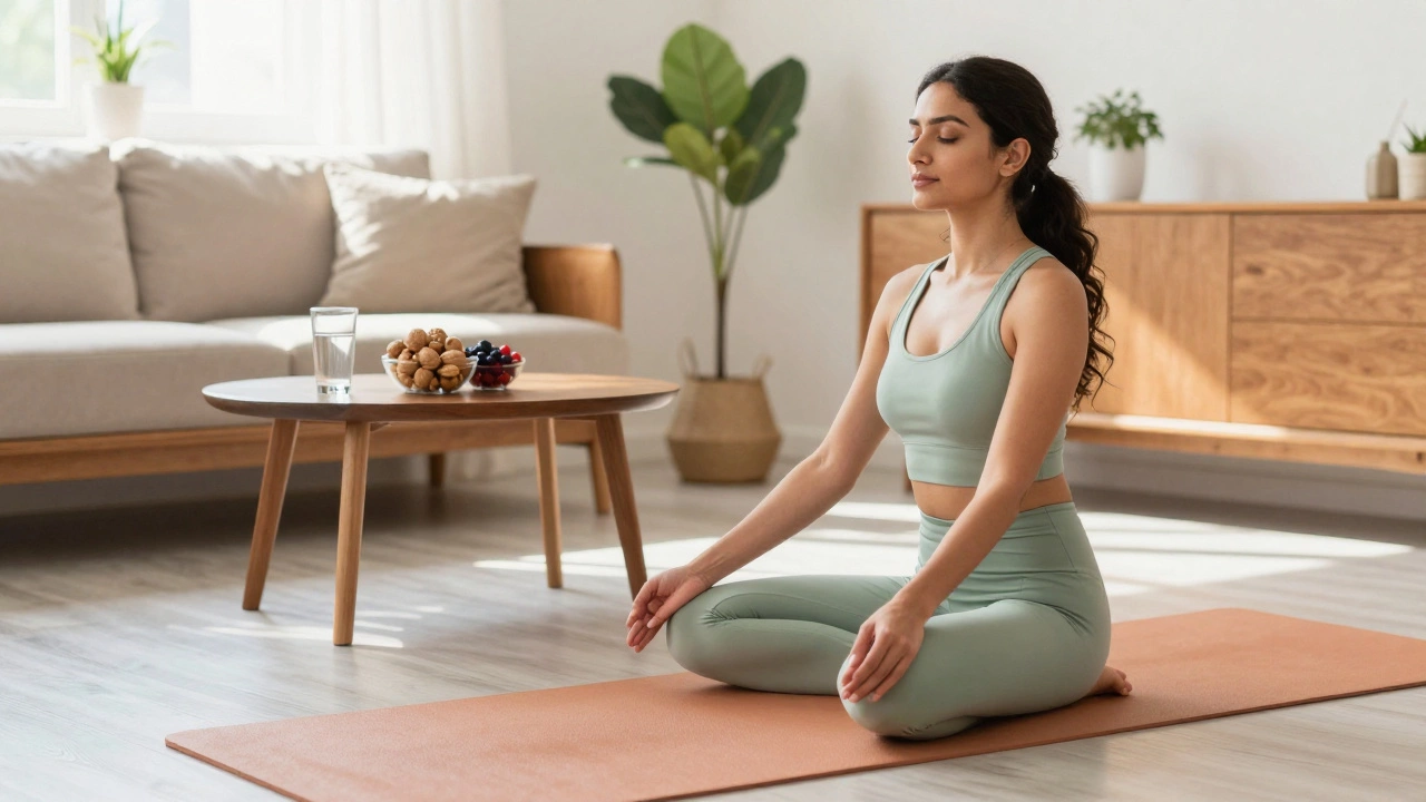 A woman practicing yoga in a sunny Indian home with healthy snacks nearby
