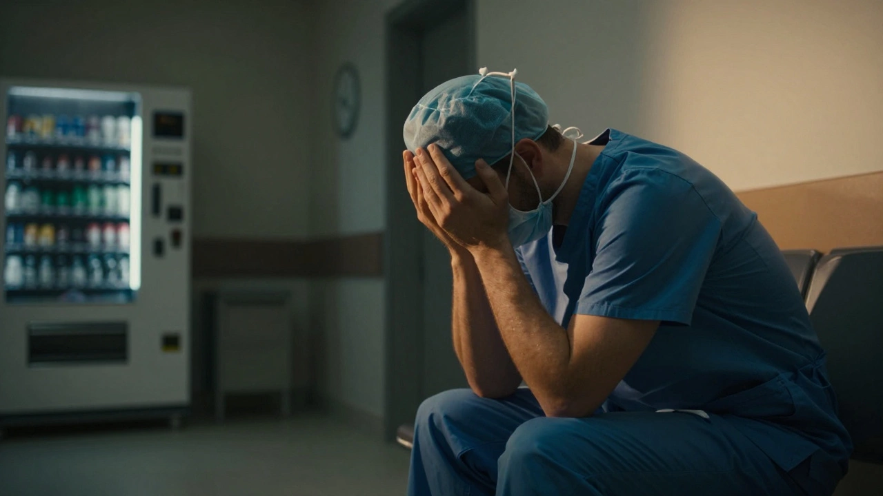 An exhausted surgeon sitting in a dimly lit hospital lounge, reflecting burnout and stress.