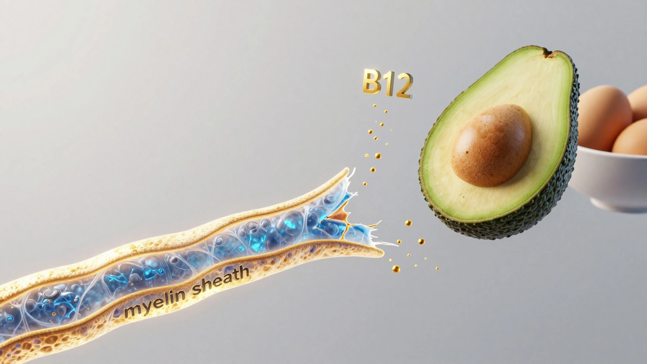 Conceptual 3D render of a nerve fiber being repaired by nutrients from avocado and eggs