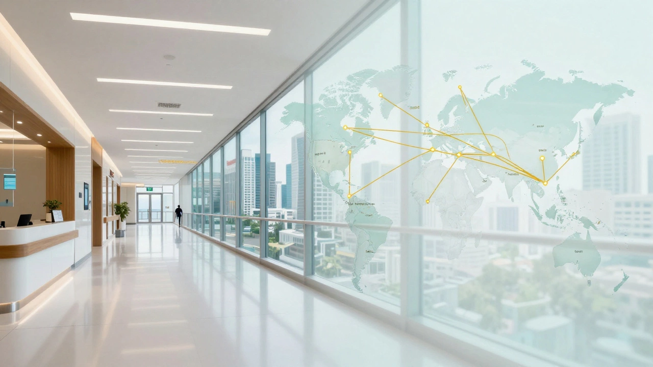 Conceptual image showing the connection between global cities and medical tourism hubs.