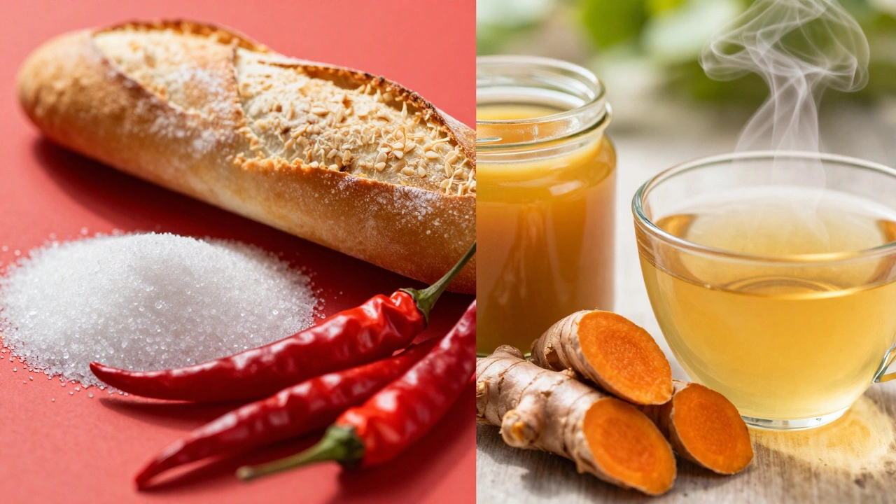 Split view contrasting refined sugars and spicy peppers with healing ghee and fresh turmeric