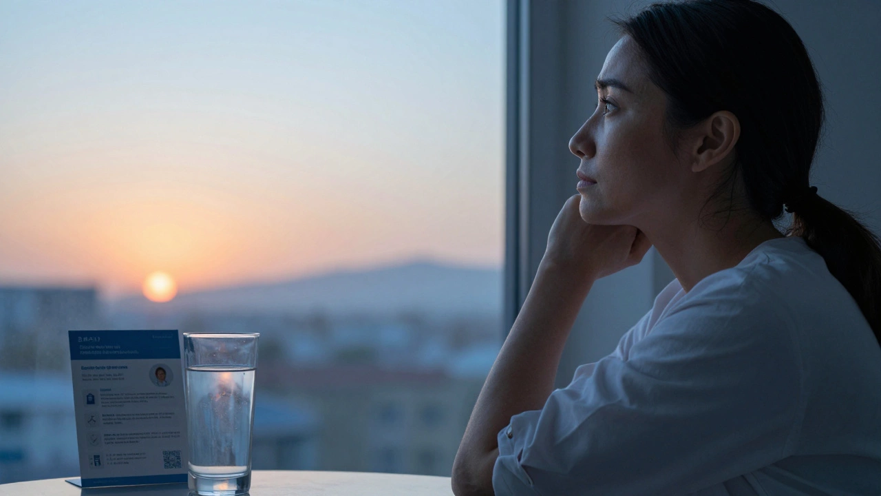 Woman in her late 30s looking out a window at sunrise with a hopeful expression