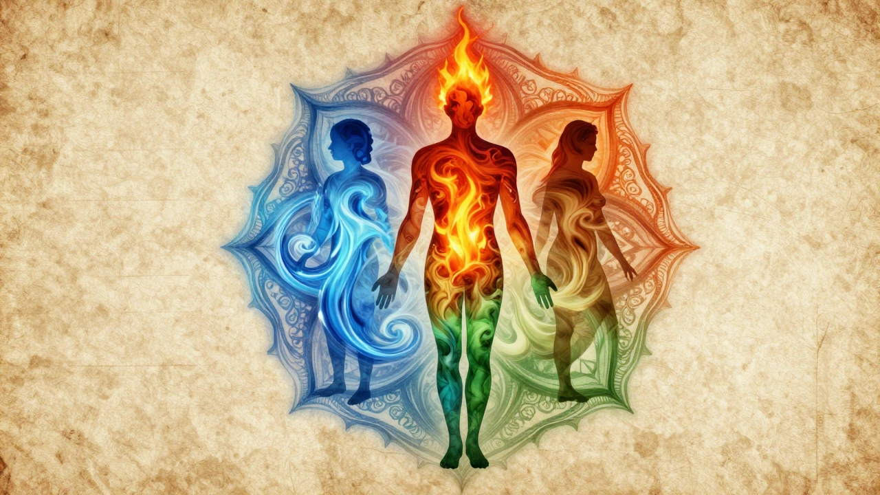 Abstract art of Vata, Pitta, and Kapha doshas forming a healing mandala.