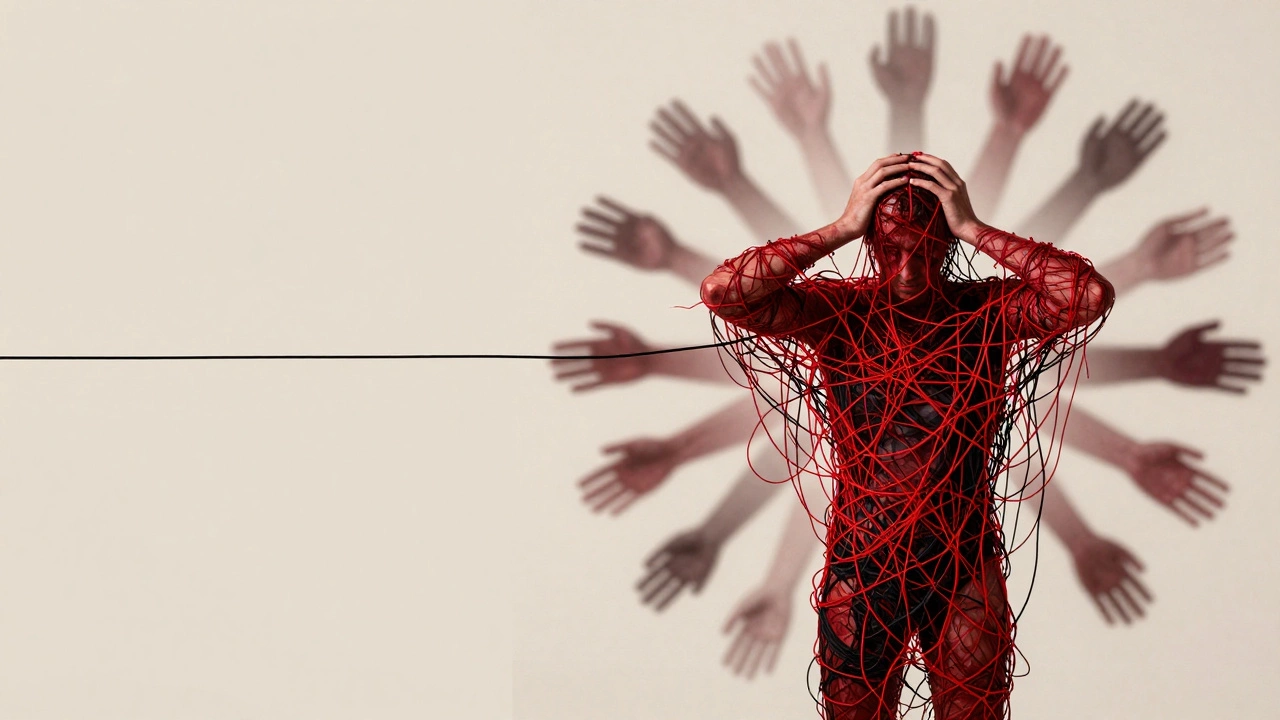 Abstract art showing tangled red threads around a silhouette representing complex trauma.