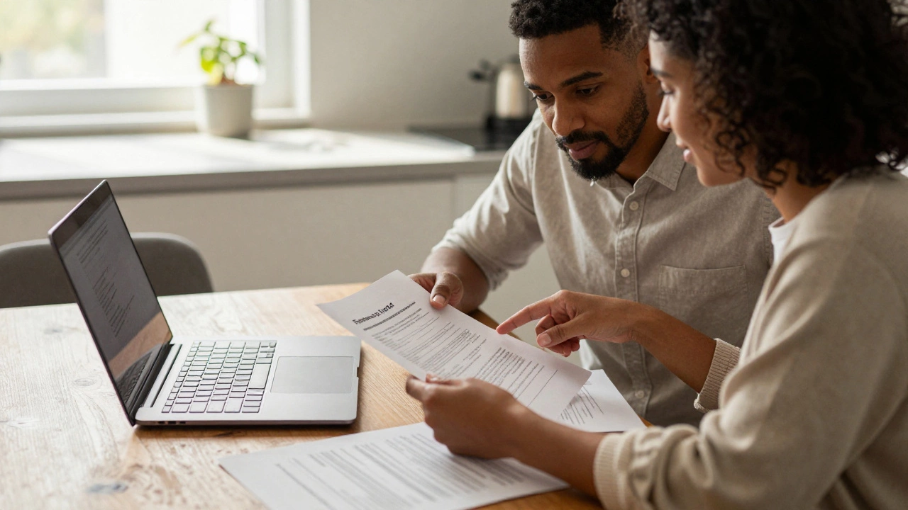 Couple reviewing financial documents at a sunlit kitchen table together.