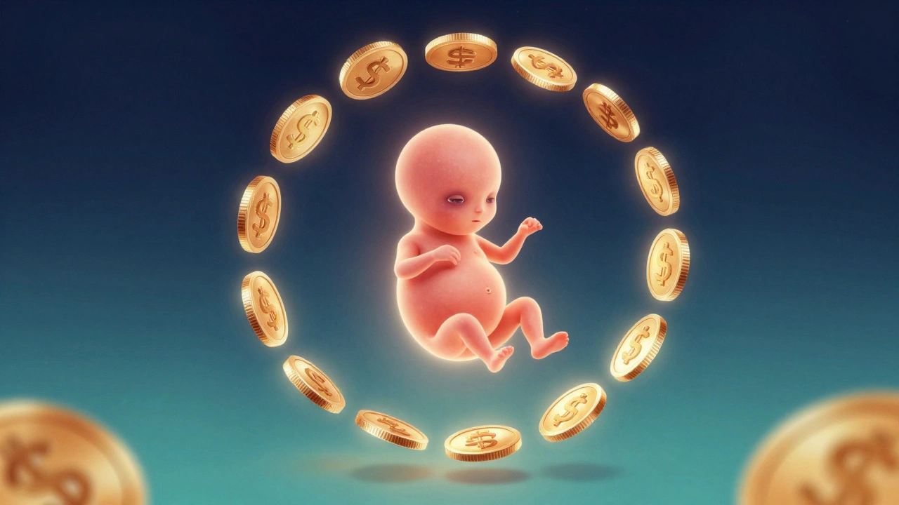 Glowing embryo surrounded by floating gold coins symbolizing IVF costs.