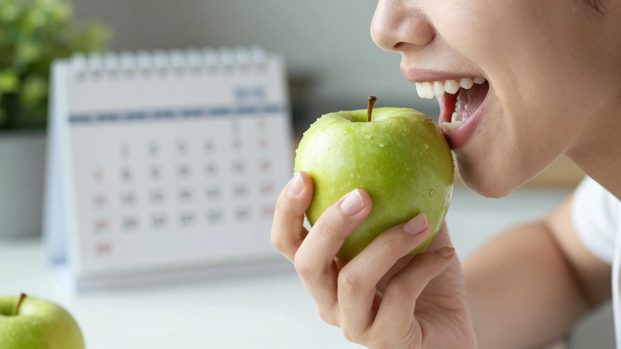 Happy person biting an apple, symbolizing restored dental function