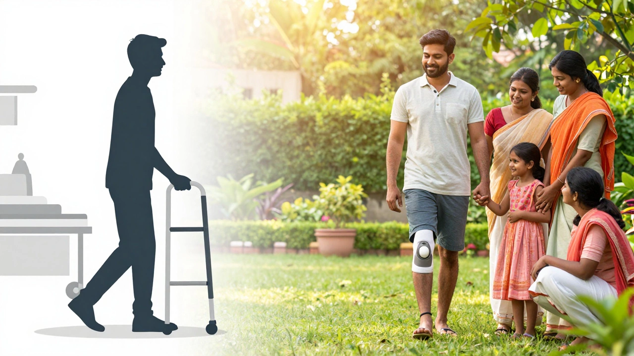 Illustration of patient progressing from rehab to outdoor walking