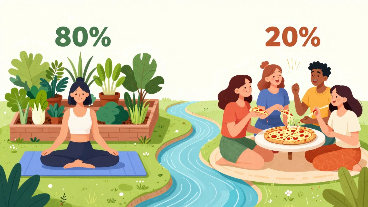 Illustration showing balanced lifestyle with healthy habits and social fun.