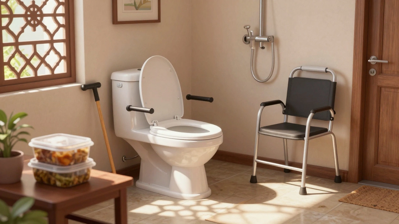 Indian home prepared with safety aids for knee recovery