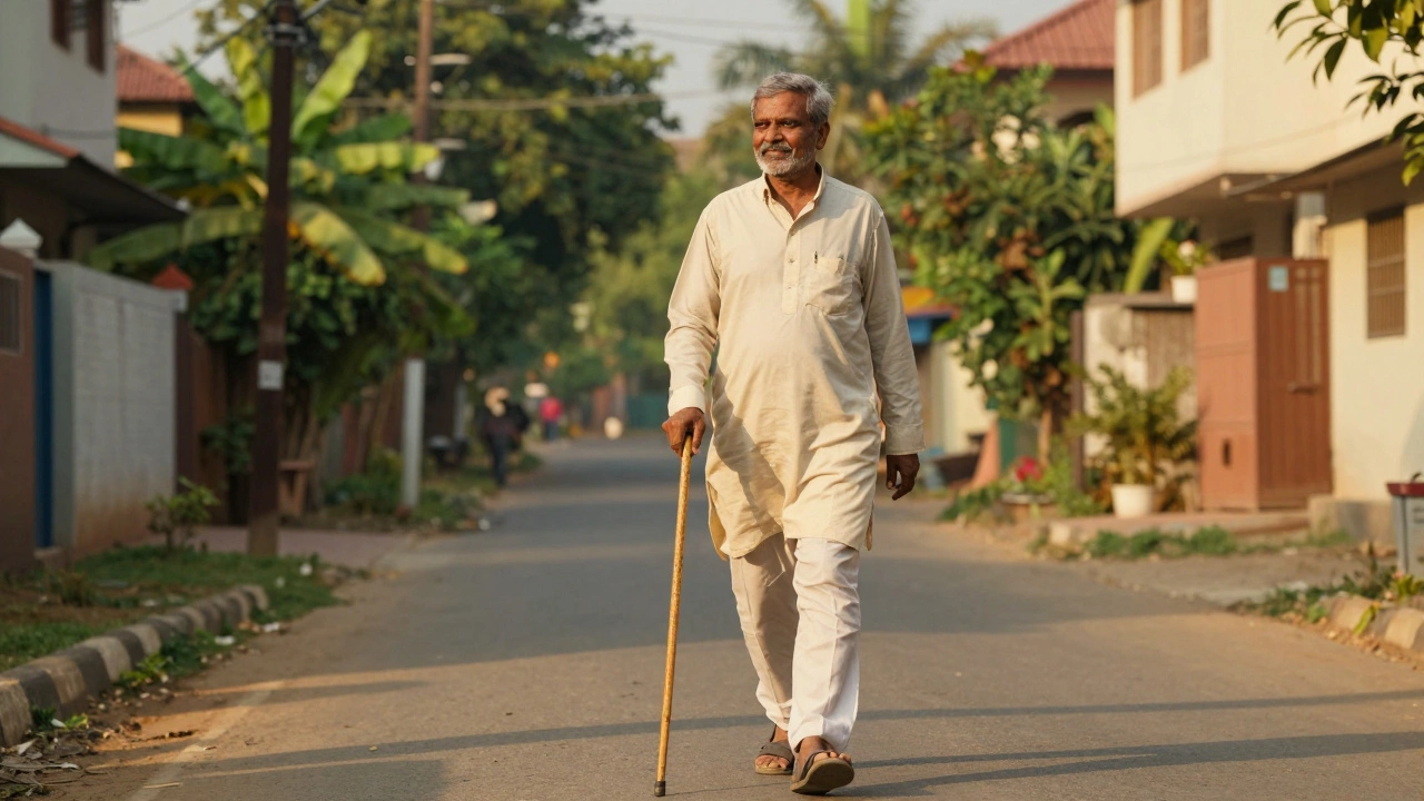 Man walking with a cane on a sunny Indian street
