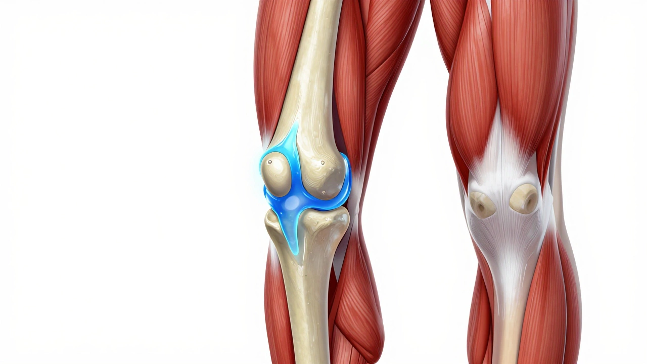 Medical illustration of knee joint with circulating synovial fluid