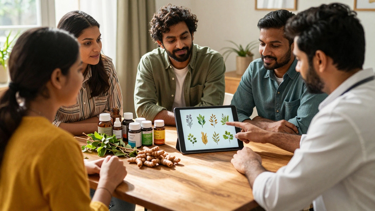 People consulting doctor about herbs and supplements at home