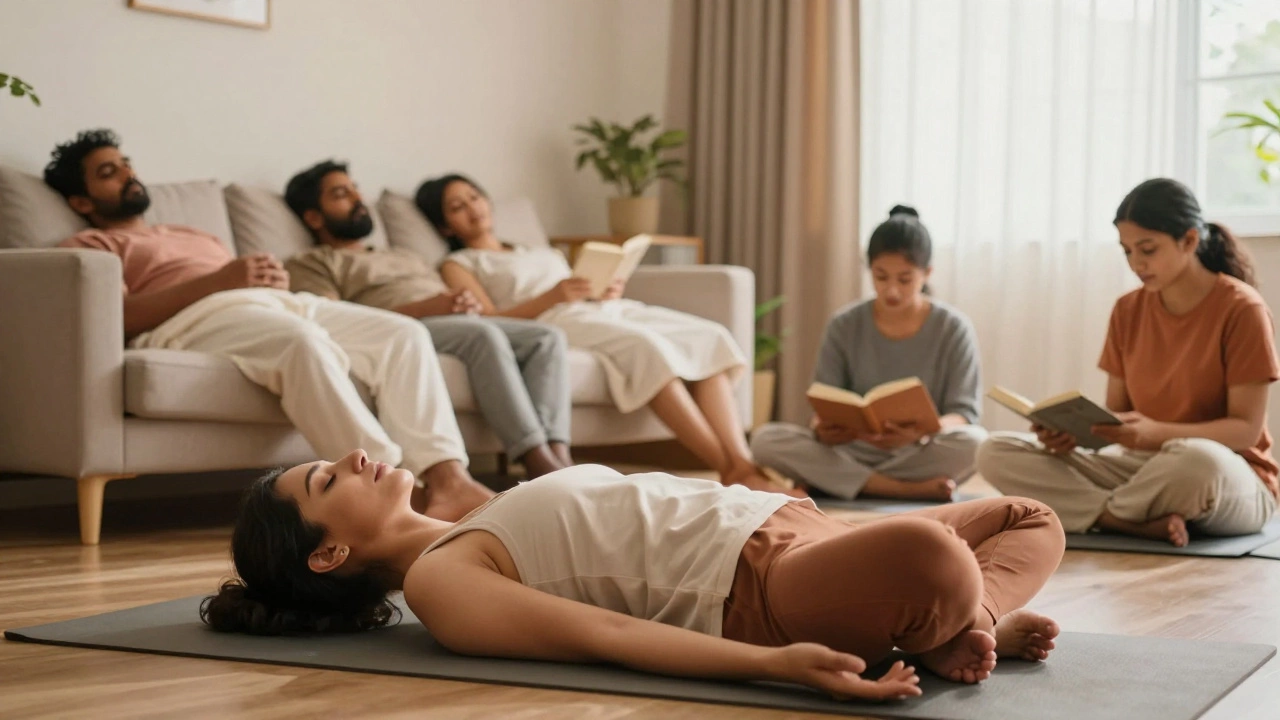 People practicing yoga and relaxing at home to manage stress and improve sleep