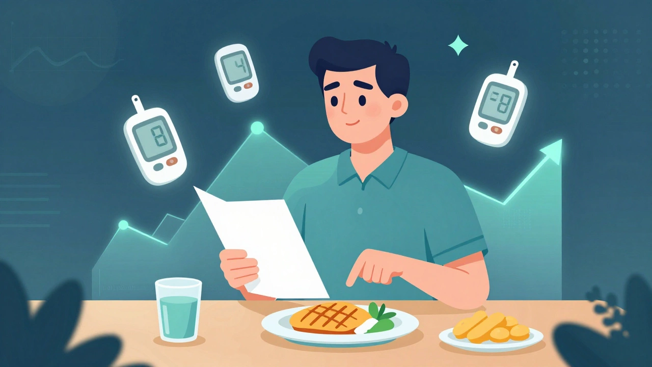 Person making informed food choices at a restaurant with glucose monitoring concepts