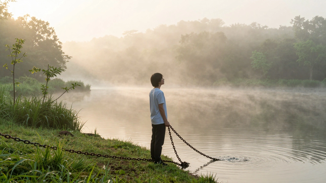 Person standing by a calm lake at dawn as dark chains dissolve into water.