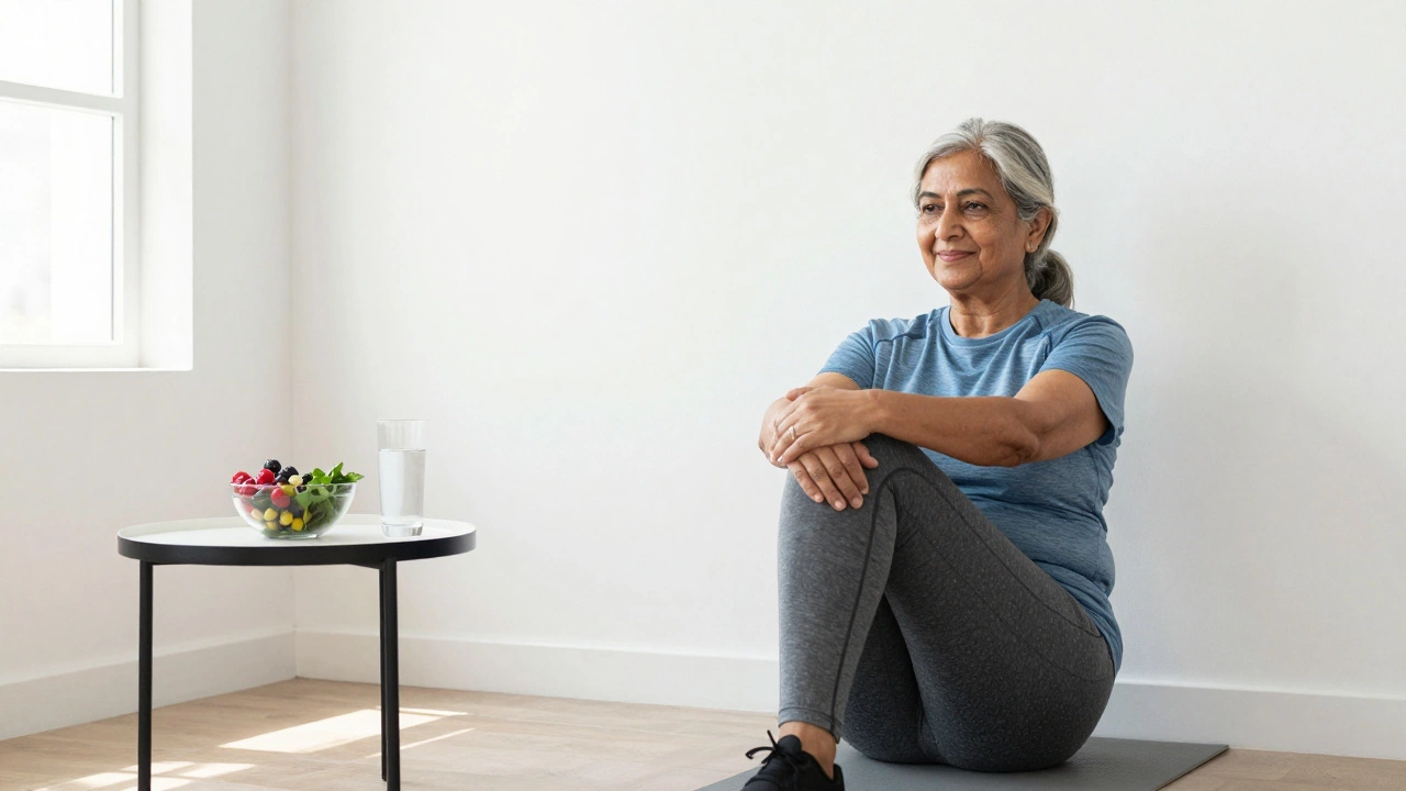 Senior doing wall sit exercise near healthy food and water