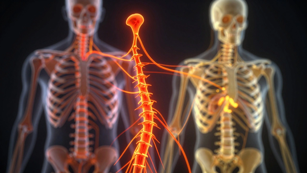 Stylized skeleton with glowing lines indicating bone metastasis pain