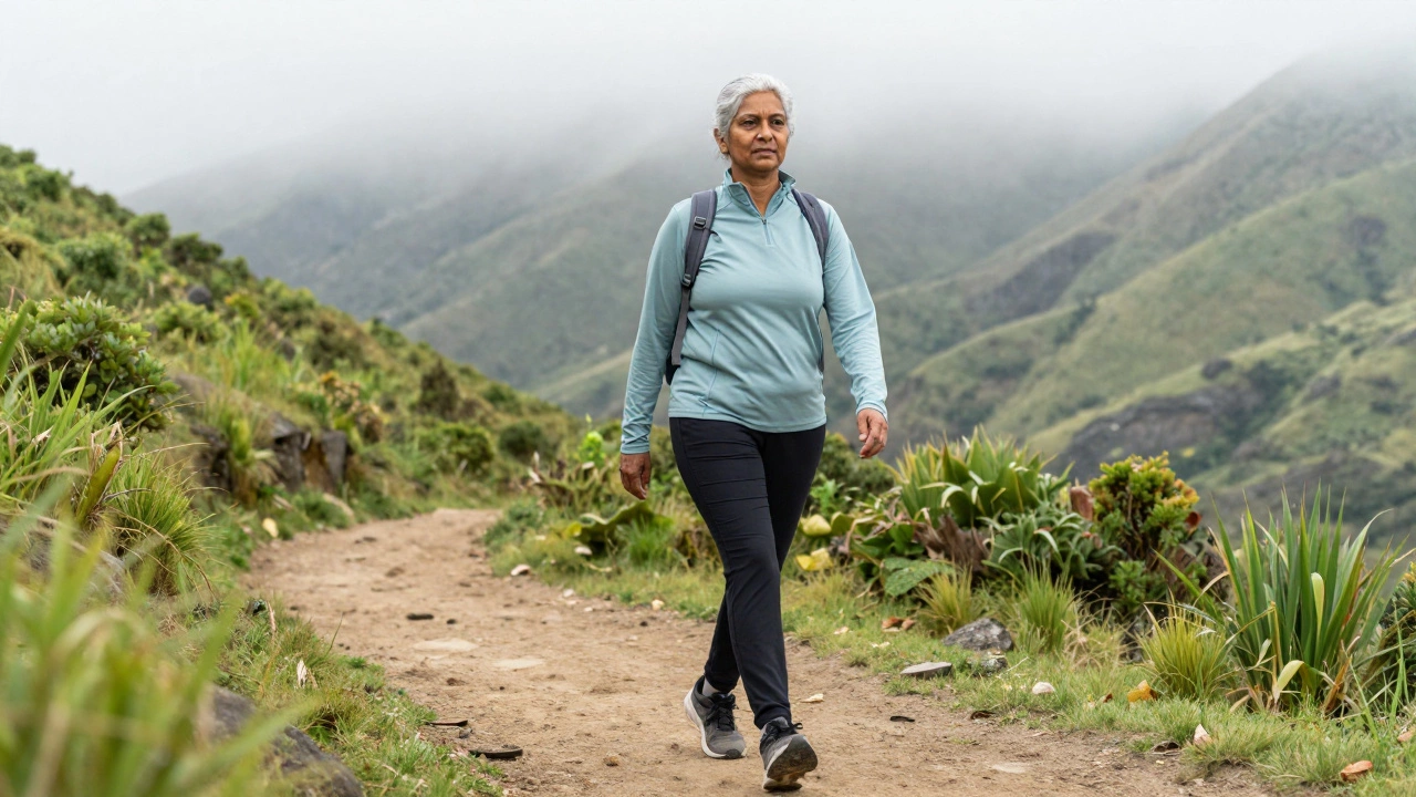 Woman hiking confidently on a mountain trail without aids