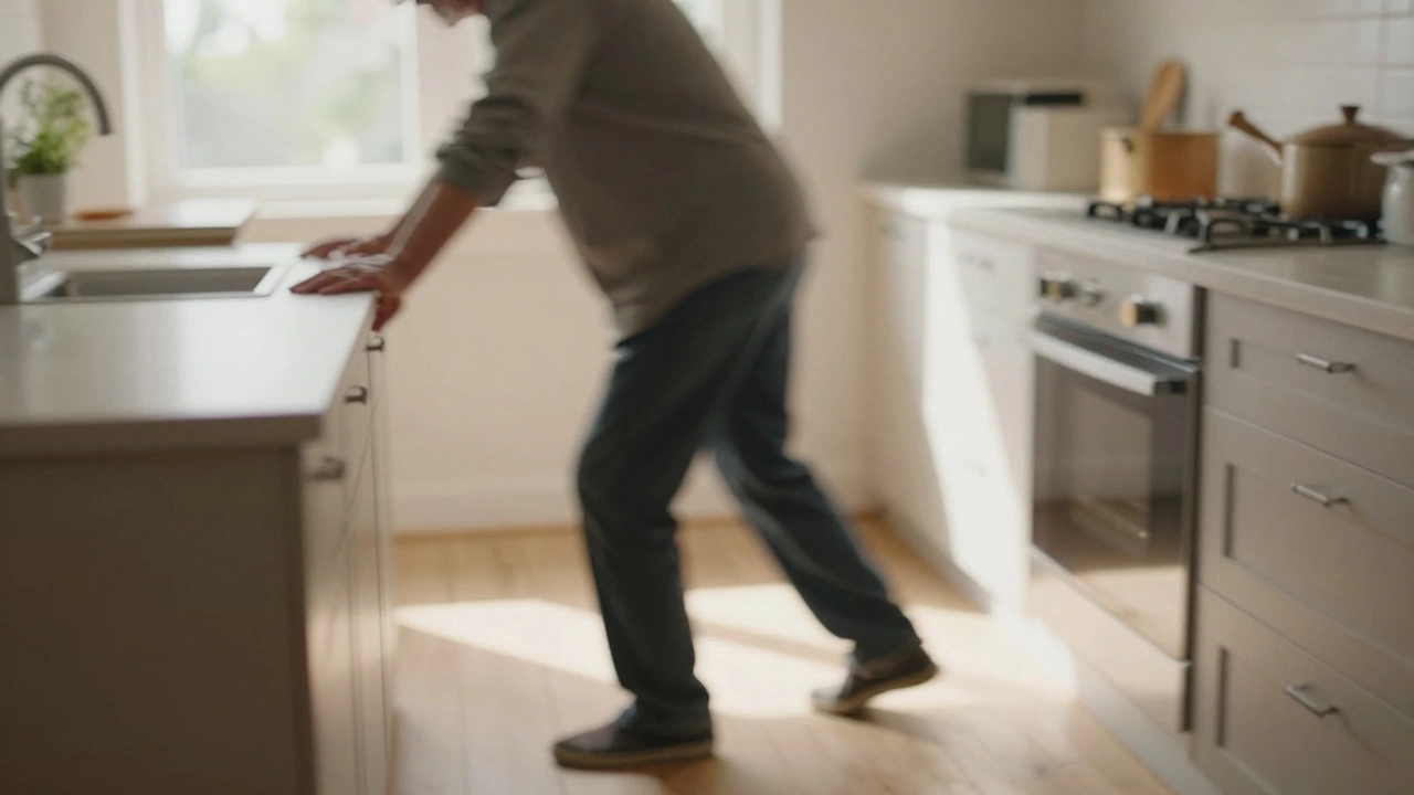 Elderly person holding a counter for balance due to dizziness and ataxia