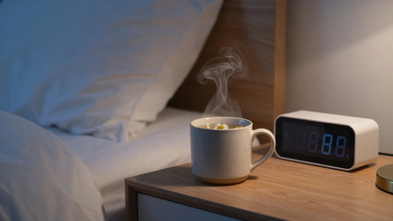 Herbal tea on a bedside table in a dim, relaxing bedroom