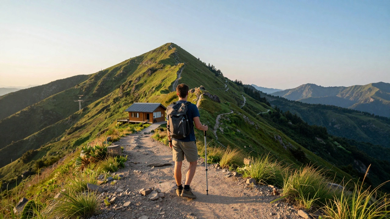 Hiker overlooking path from cabin, symbolizing therapy independence
