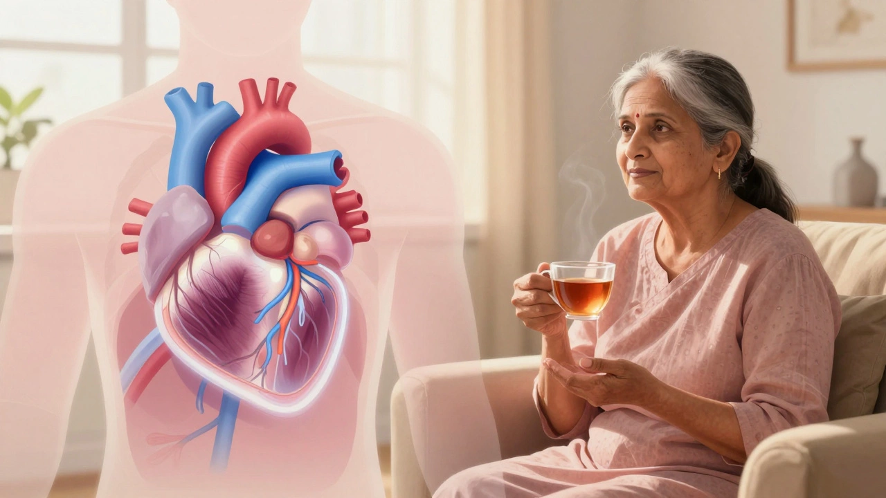 Illustration blending heart anatomy with a woman relaxing, showing internal healing