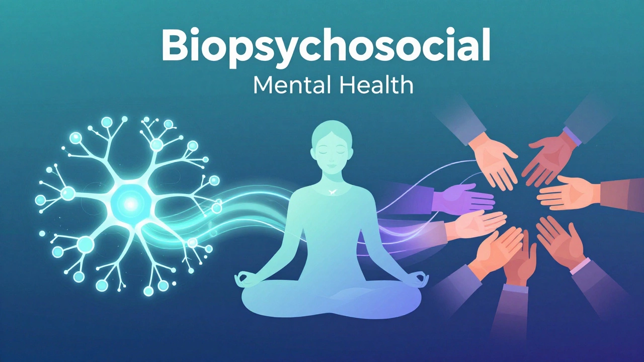 Illustration connecting brain biology, mindfulness, and social support for holistic healing.