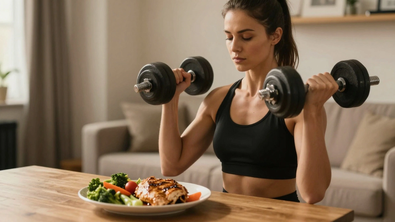 Person lifting weights next to a plate of high-protein food for muscle preservation