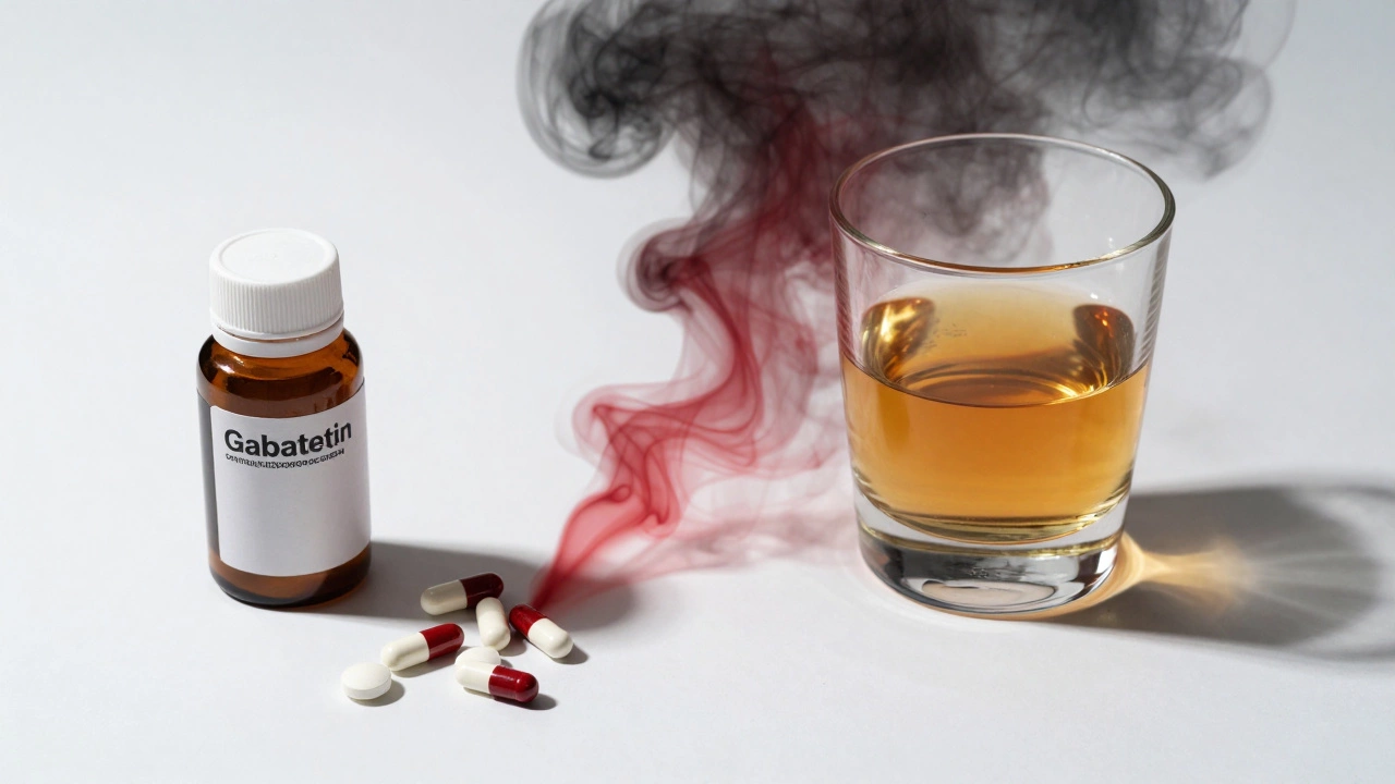 Pills and alcohol merging into dark smoke symbolizing dangerous drug interactions