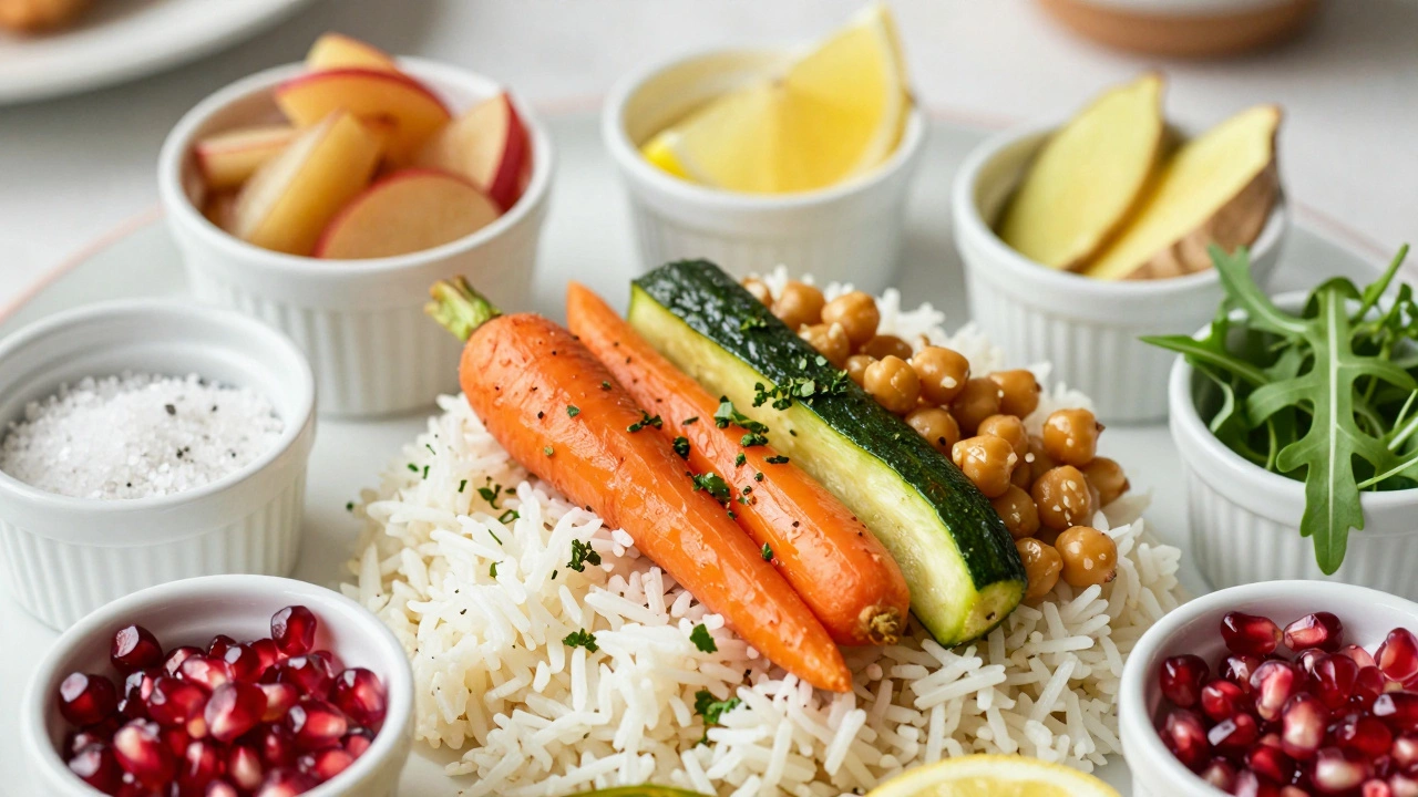 Plated Ayurvedic meal with rice, veggies, and ingredients for six tastes