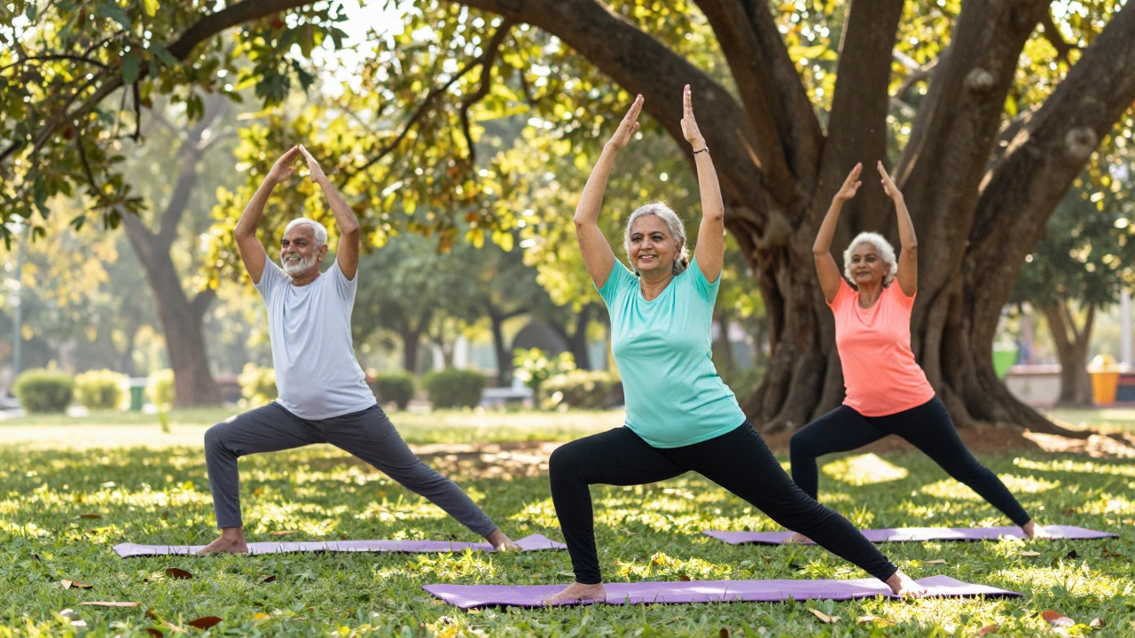 Senior Indian couple doing yoga in a park, promoting active heart-healthy lifestyles