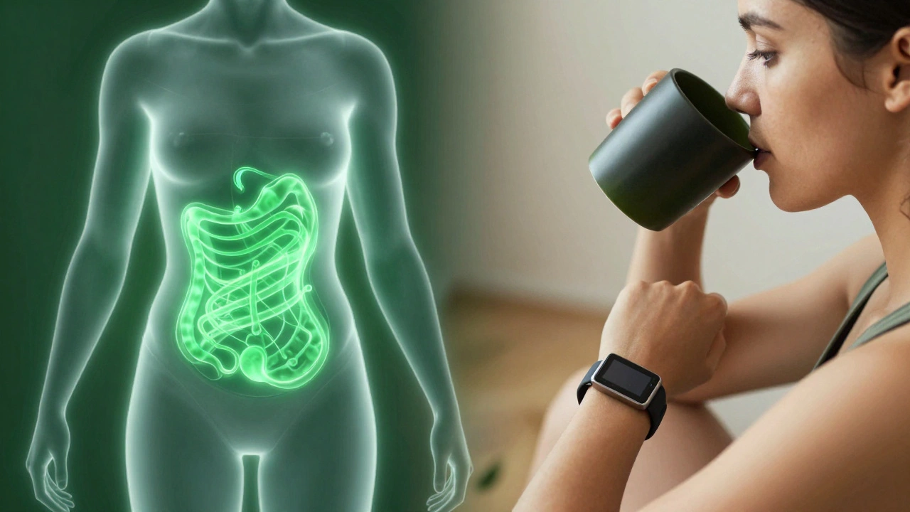 Split image showing metabolic energy and drinking green tea