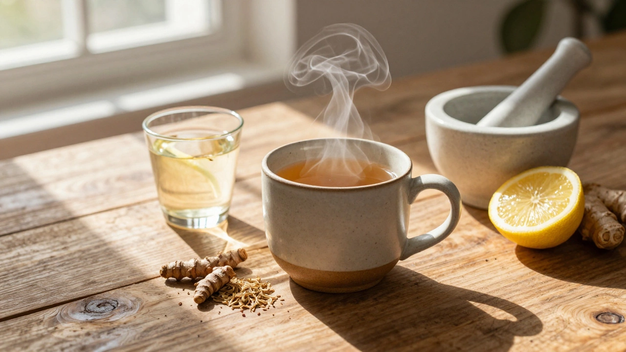 Steaming ginger tea and whole spices on a sunlit wooden table