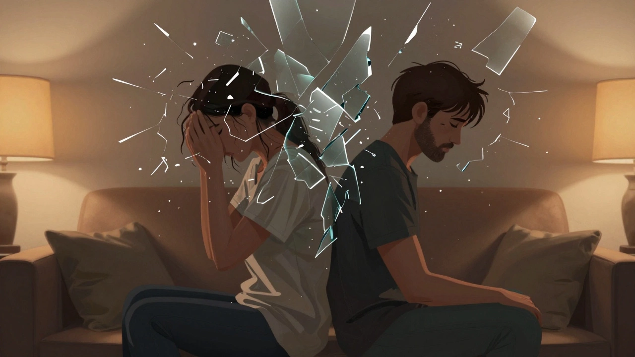Two people separated by a glass barrier on a sofa, illustrating relationship strain
