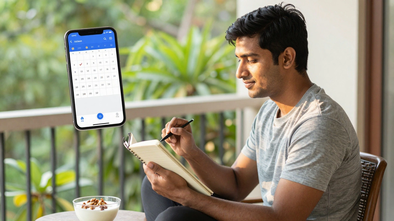 Young adult practicing daily self-care routines like journaling and healthy eating at home.