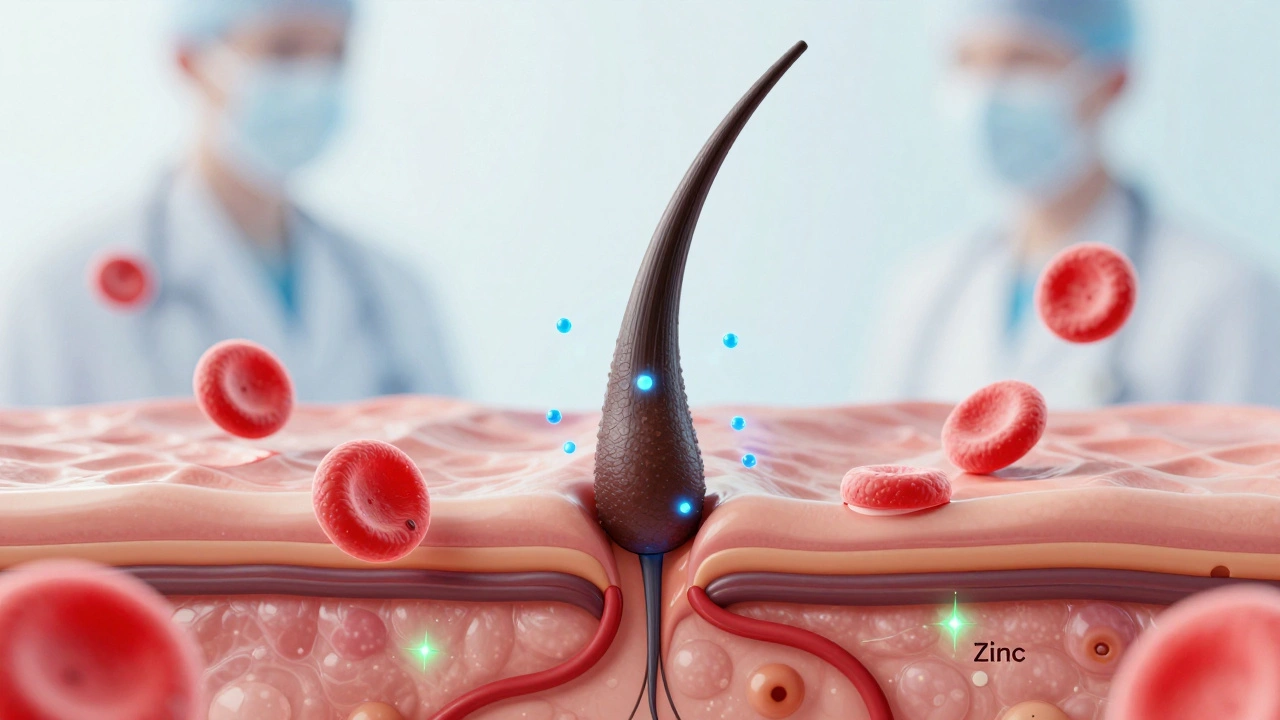 3D concept art showing vitamins activating hair follicles in skin cross-section