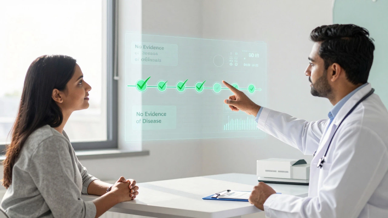 Doctor explaining remission timeline to patient in bright clinic