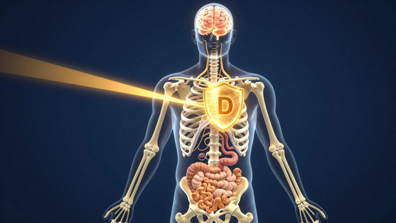 Illustration of Vitamin D activating bones, immune system, and brain within the body.