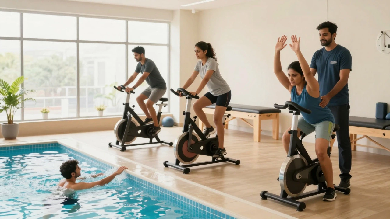 Patients exercising in a bright, modern physiotherapy clinic