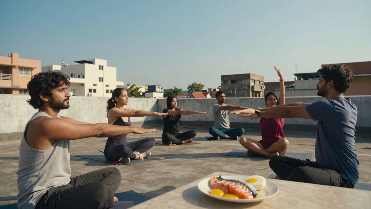 People enjoying sunlight on a Bangalore rooftop with healthy food nearby.
